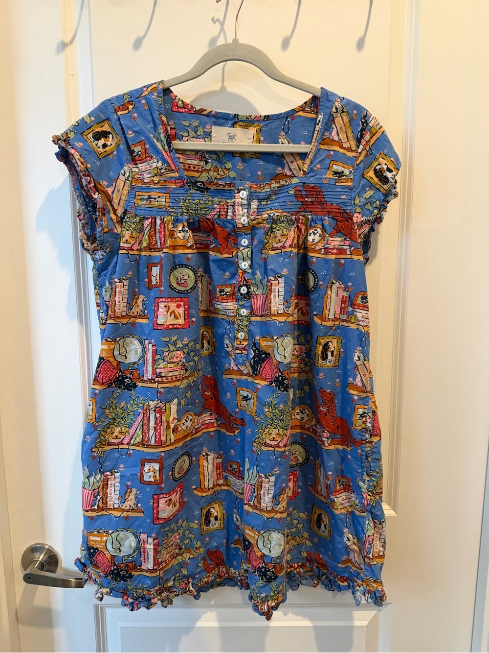 Printfresh Blue Printed Short Sleeve Night Dress with Whimsical Library Print